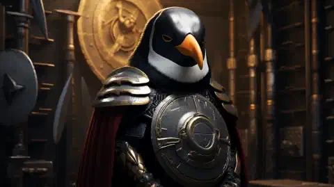 Un'arte simbolica che mostra un pinguino guerriero scudato che protegge un server sicuro.
