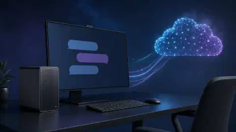 Una workstation desktop collegata da un percorso luminoso a una nuvola astratta di punti di rete su sfondo scuro