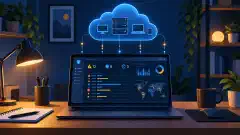 A laptop showing security incident timelines on a home desk beneath a cloud containing servers and endpoints.