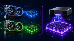 Illustrazione con due schede grafiche NVIDIA RTX 5060 Ti a sinistra e un sistema NVIDIA GB10 a destra, evidenziati su uno sfondo scuro dai colori vivaci.
