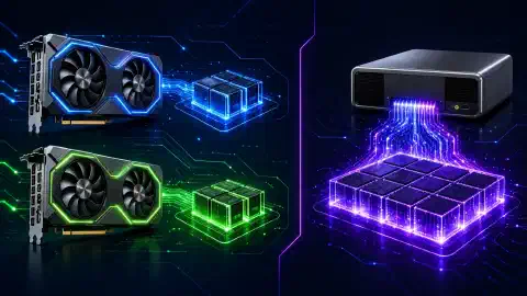 Illustrazione con due schede grafiche NVIDIA RTX 5060 Ti a sinistra e un sistema NVIDIA GB10 a destra, evidenziati su uno sfondo scuro dai colori vivaci.