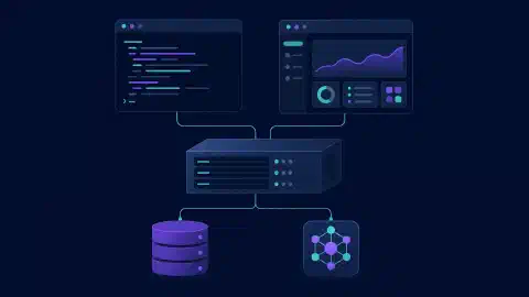 Client terminale e desktop collegati a un server centrale con simboli separati per repository e inferenza
