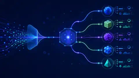 Illustrazione digitale astratta di nodi interconnessi che rappresentano servizi di inferenza IA, con linee luminose che indicano il flusso dei dati su uno sfondo scuro.