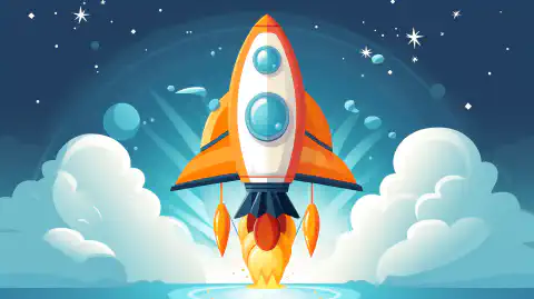 Un allegro razzo a cartoni animati che vola nel cielo con il testo OrangeWebsite sul fianco, a simboleggiare un'esperienza di hosting veloce e sicura.