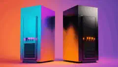 Una coppia di server uno di fronte all'altro. Colori che corrispondono ai temi di Plex, nero e arancione, e Jellyfin, azzurro chiaro e viola.