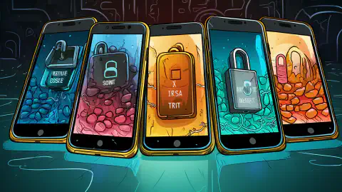 Un'illustrazione di quattro smartphone, ognuno dei quali rappresenta Session, Status, Signal e Threema, protetti da lucchetti, per evidenziare la loro attenzione alla messaggistica sicura.
