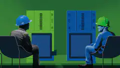 Due server uno di fronte all'altro, uno blu e uno verde. Sul lato blu c'è una persona in piedi che indossa un elmetto e un giubbotto di sicurezza. Sul lato verde una persona seduta sul divano.