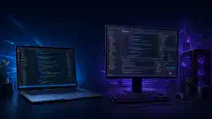 Un'illustrazione che mostra un laptop con Visual Studio Code a sinistra e un desktop con Visual Studio a destra, su uno sfondo scuro. Sul lato sinistro ci sono frammenti di codice colorati, mentre a destra si vedono progetti di codifica complessi.
